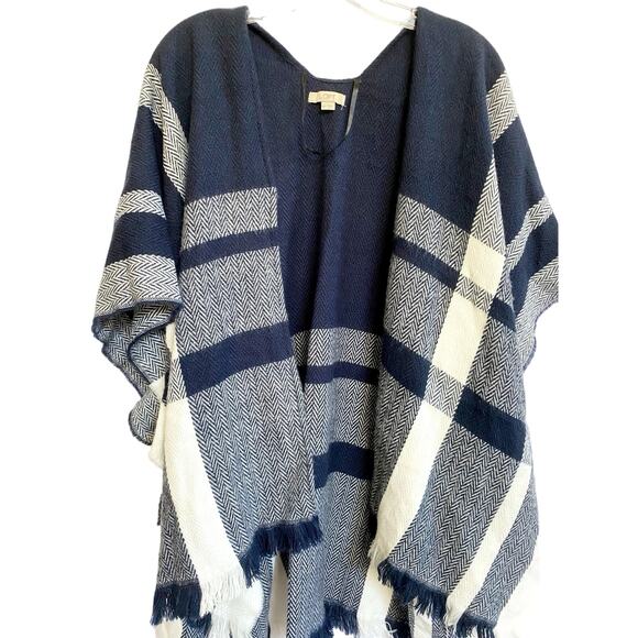LOFT M/L Boho Blue Poncho Open Front Oversized Shawl Cardigan - Picture 6 of 13